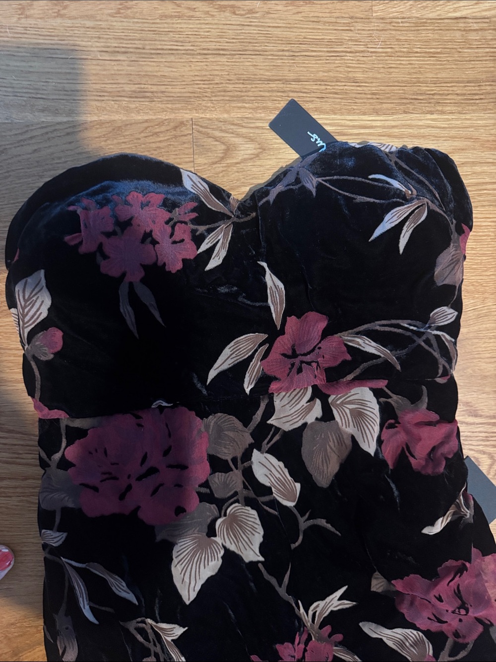 Lulu's Strapless Black Velvet Maxi Dress with Pink Floral Print - Picture 3 of 3